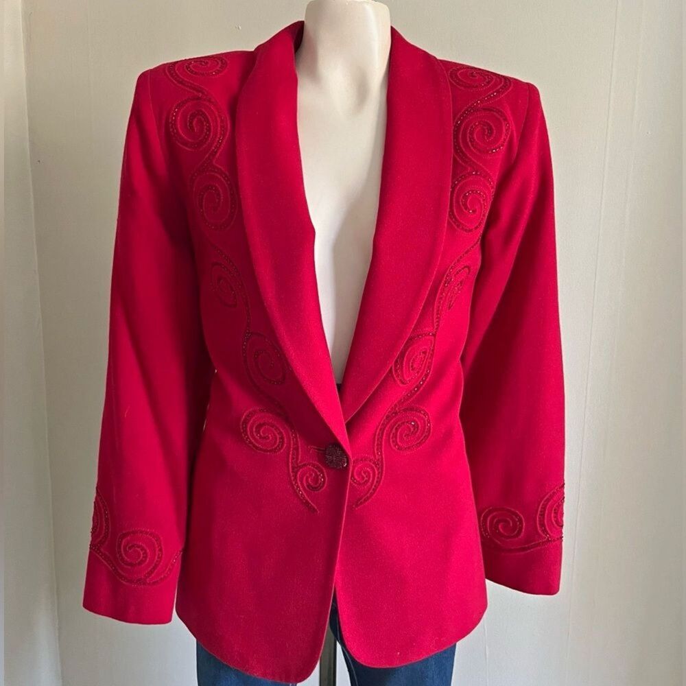 Vintage Nolan Miller 100% Wool Red Beaded Embroidered Blazer Jacket S